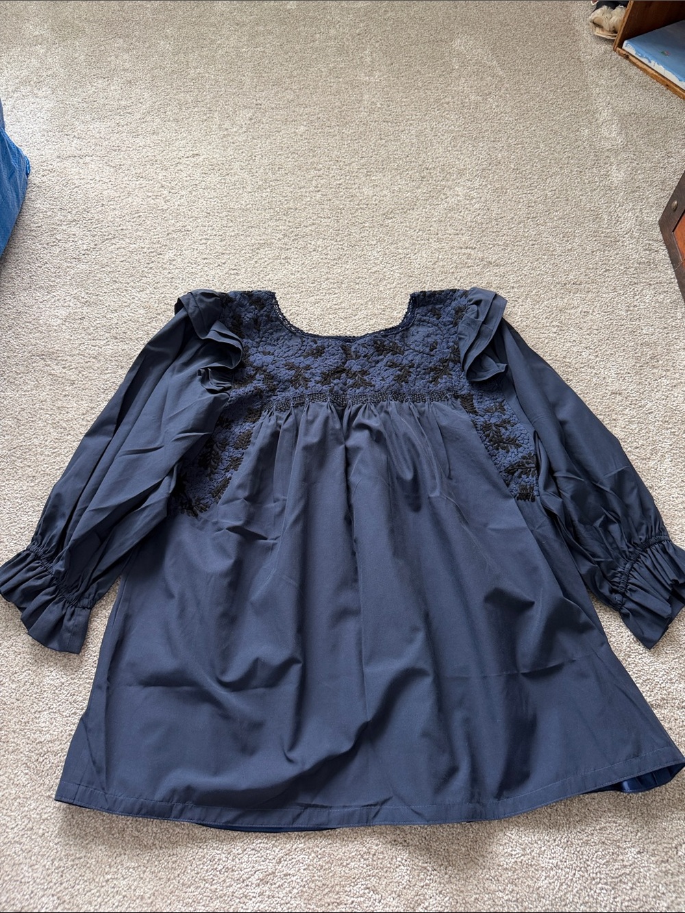 Mi Golondrina Navy Blue Embroidered Ruffle Peasant Tunic